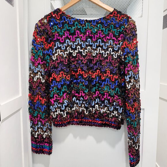 Vintage 80's Rainbow Sequins Sheer Disco Retro Shirt - Picture 6 of 12
